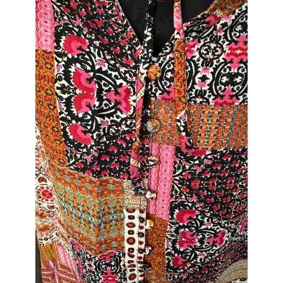 Rose + Olive Boho Patchwork Tie Neck Blouse - M - Picture 4 of 5